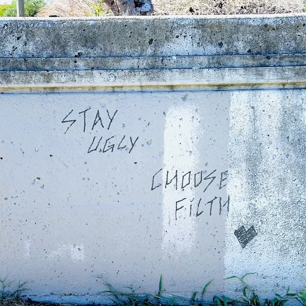Graffiti on wall that reads 'stay ugly, choose filth' with a heart.