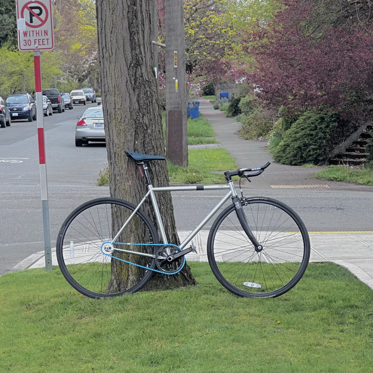 My fixed gear bike on a corner in Seattle.